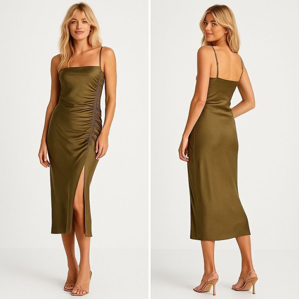 Shona Joy “La Lune” Olive Satin Ruched Midi Dress AUS 8/US 4 Minimalist Glam